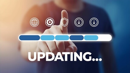 Operating system upgrade concept, installation app and software update process, modernize user equipment, update modern functions, developer released new version Improved security. User is downloading