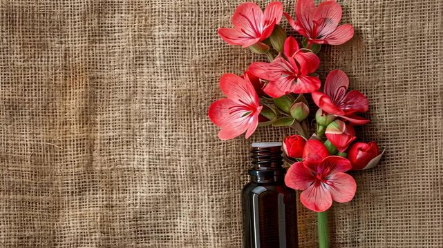 geranium essential oil on burlap background