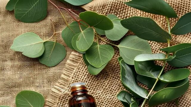 eucalyptus essential oil on burlap background