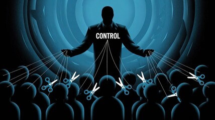 Power of Command: A visually arresting illustration depicting a powerful figure, commanding over a sea of silhouettes, underscored by the sharp contrast of scissors cutting ties