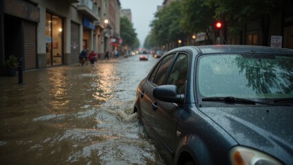 Urban street flooding with cars submerged in heavy rainstorm