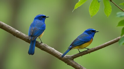 Obraz premium Two vibrant blue birds perch peacefully on a branch against a green backdrop.