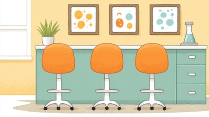 Pastel Science Lab Interior Three Orange Stools at Teal Counter