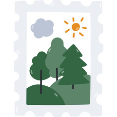 Fototapeta premium Lovely cartoon postage stamp with forest landscape. Trendy hand drawn postmark for letter, postcard, sending mail isolated on white.