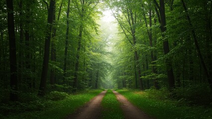 Obraz premium A forest path through a dense green forest. Serene and calming nature scene.