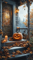 Obraz premium Autumnal Halloween porch with carved pumpkin