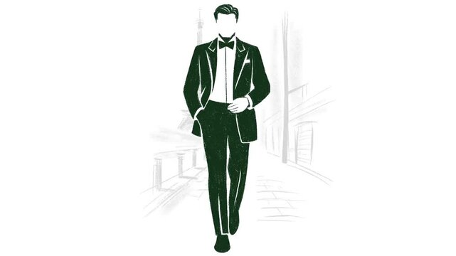 The man in a tuxedo walks down the street in Paris