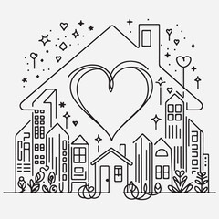 Heart inside house continuous one line drawn. stock illustration