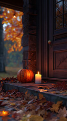 Obraz premium Autumn porch with pumpkin and candle