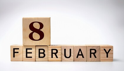 Minimalist photo of a wooden blocks with date 8 February. Day and month, calendar on white background