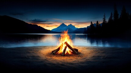 Night Campfire by a Serene Lake with Majestic Mountain Silhouette