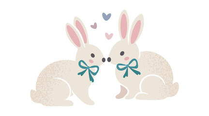Obraz premium Two cute bunnies with bow ties in love, surrounded by hearts, greenery and butterflies, isolated on white background, vector illustration. Perfect for Valentine's Day, spring designs