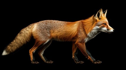 Obraz premium Side Profile of a Red Fox Walking Against Black Background