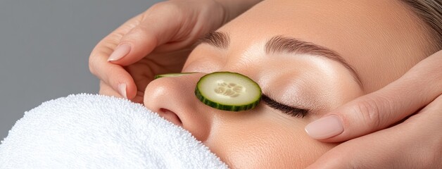 Senior woman receives a soothing spa treatment with cucumber slices over her eyes, promoting relaxation and skin care