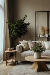 A living room with a couch, coffee table, and potted plants