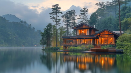 Fototapeta premium Serene evening retreat by the lake