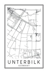 Hand drawn printable downtown road map poster of borough UNTERBILK of the German city of DÜSSELDORF on solid white background with city name