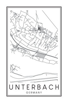 Hand drawn printable downtown road map poster of borough UNTERBACH of the German city of D&Uuml;SSELDORF on solid white background with city name