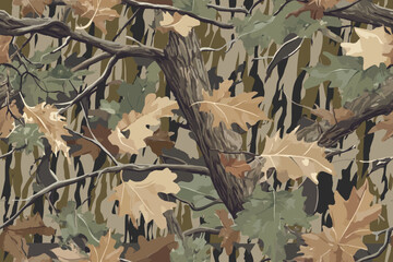 Camouflage background. Vector hunting camouflage seamless pattern design. Deer hunting, forest, bottom land camouflage. Realistic tree seamless pattern. Digital camouflage © Rashid