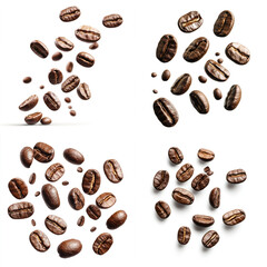 Fototapeta premium Rich brown roasted coffee beans falling against a bright white background. Aromatic, delicious, and full of energy. Perfect for coffee packaging or cafe menus.