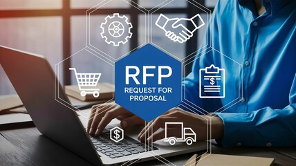 person is typing on a laptop with icons of a shopping cart, gear, handshake, clipboard with a dollar sign, and a truck around the words \"RFP Request for Proposal.\"