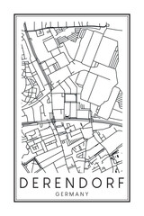 Hand drawn printable downtown road map poster of borough DERENDORF of the German city of DÜSSELDORF on solid white background with city name