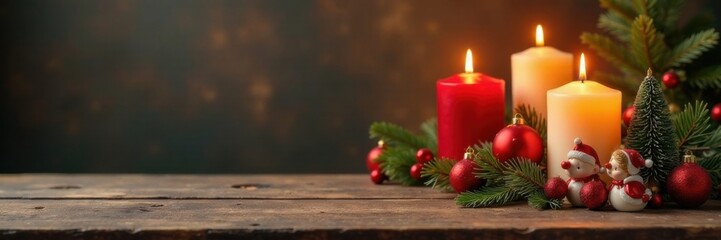 Wooden table with Christmas-themed figurines and candles, festive, table, holiday