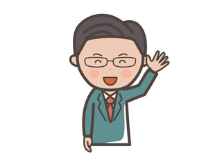 手を振って挨拶する中堅エリート風男性ビジネスマンの上半身イラスト