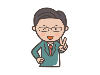 笑顔でピースをする中堅エリート風男性ビジネスマンの上半身イラスト