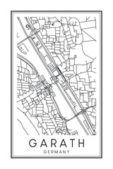 Hand drawn printable downtown road map poster of borough GARATH of the German city of DÜSSELDORF on solid white background with city name