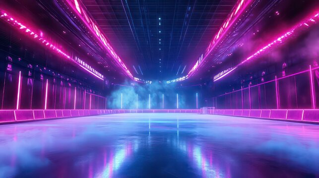 Futuristic arena with neon lights, smoke. Stylish ice rink. Amazing winter hockey event scene. Impressive tech. Pro sport atmosphere. Ice skating. Great for winter poster event promo. Arena