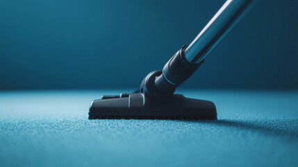 Vacuuming Blue Carpet Close-up. A close-up shot of a vacuum cleaner head cleaning a blue carpet. The image highlights cleanliness and domestic tasks.