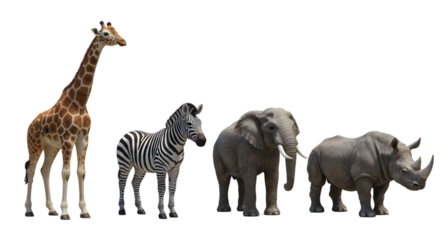 A giraffe zebra elephant and rhino standing side by side on black