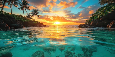 Peaceful tropical ocean scene at sunset with palm trees framing a vibrant sky and clear water Perfect for travel brochures and desktop wallpapers