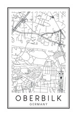 Obraz premium Hand drawn printable downtown road map poster of borough OBERBILK of the German city of DÜSSELDORF on solid white background with city name