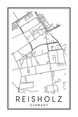 Hand drawn printable downtown road map poster of borough REISHOLZ of the German city of DÜSSELDORF on solid white background with city name