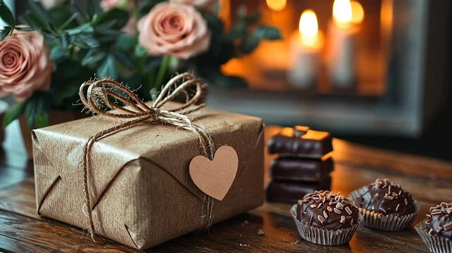 Rustic gift, chocolates, roses, fireplace ambiance