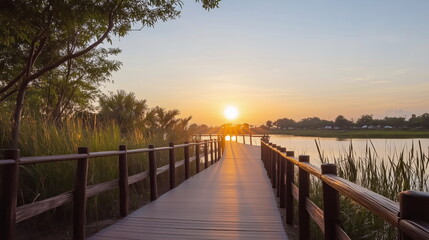 Sunset stroll on riverside boardwalk