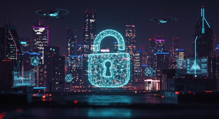 Cybersecurity in a Futuristic Cityscape: Nighttime Drones and Digital Lock Icon Over Illuminated Metropolis