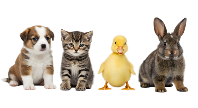 A puppy kitten duckling and rabbit sitting in a row on black backdrop