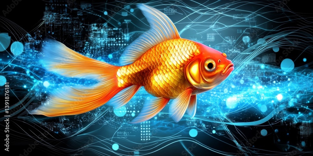 Canvas Prints vibrant goldfish navigating a sea of digital networks, symbolizing technological advancement or ai.