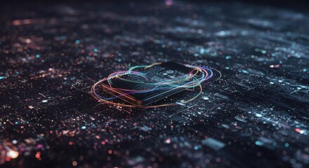 Digital Data Stream Flowing Across Circuit Board: A Futuristic Technology Concept