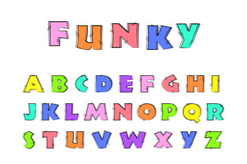 Hand drawn funky font. Colorful cartoon alphabet for kids.