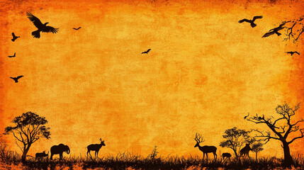 Illustration Blank Background of Silhouettes of wildlife and trees on textured orange background with copy space and negative space for text