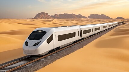 A high-speed train speeds across the desert landscape at sunset, showcasing sleek lines and LED lights against a dark background