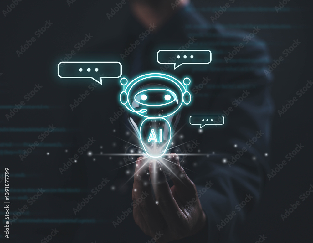 Poster  Using AI chat in search and giving  to help in business has technology, to create computer concepts with robots as new digital software
