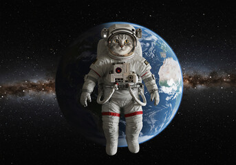 Fototapeta premium Astronaut Cat in Space Galactic Exploration of Earth and Cosmos with Spacesuit, Milky Way Galaxy Background