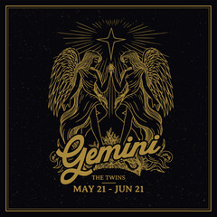 Gemini Zodiac Sign Line Art–Stylish Vintage Illustration of The Twins with Mystic Elements Astrology and Horoscope Design