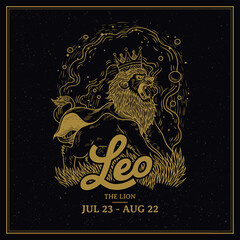 Leo Zodiac Sign Line Art&ndash;Majestic Vintage Illustration of The Lion with Solar Elements  Astrology and Horoscope Design