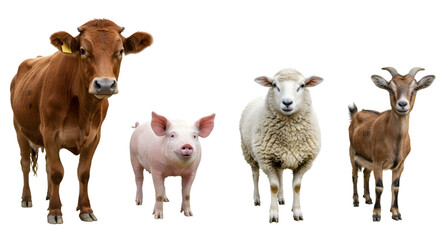 A group of farm animals standing together against a black background